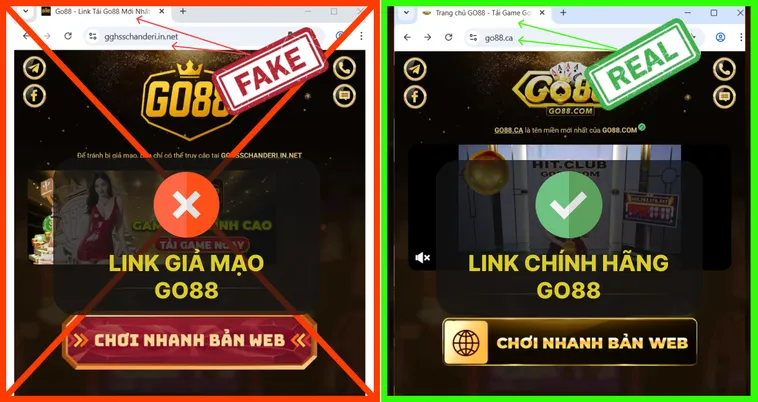 Bí Quyết Nhận Diện Website Go88 Chính Hãng Chỉ Trong 3 Phút 3 Khi so sánh trực tiếp, logo Go88.com thật tạo cảm giác chuyên nghiệp và tin cậy, còn logo giả Go88.com trông tạm bợ và thiếu thẩm mỹ